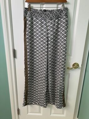 Wide Leg Printed Pants with Brown Side Trim - Black & White